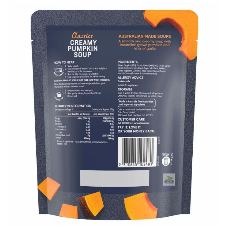 Coles Classics Creamy Pumpkin Soup Pouch 430g