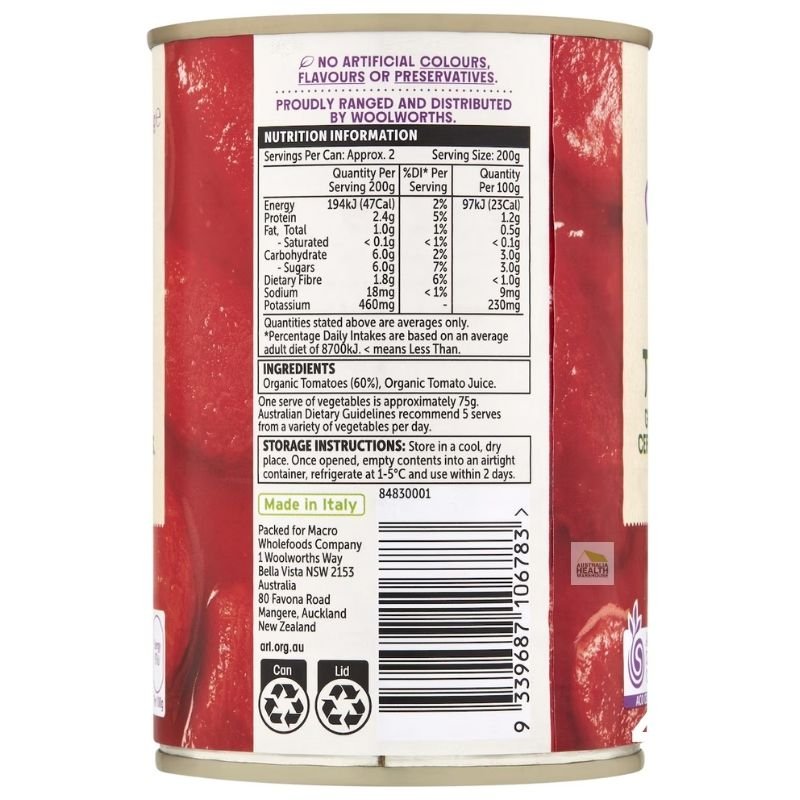 Woolworths Macro Organic Peeled Italian Tomatoes 400g