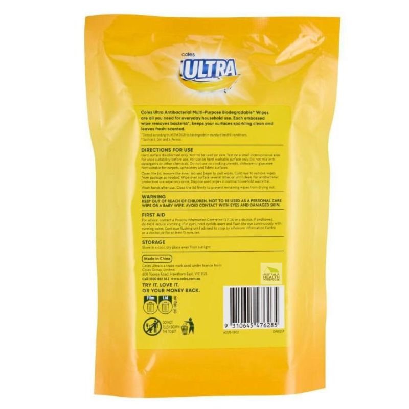 Coles Ultra Antibacterial Lemon Fresh Wipes Stand Up Pouch 40 Pack