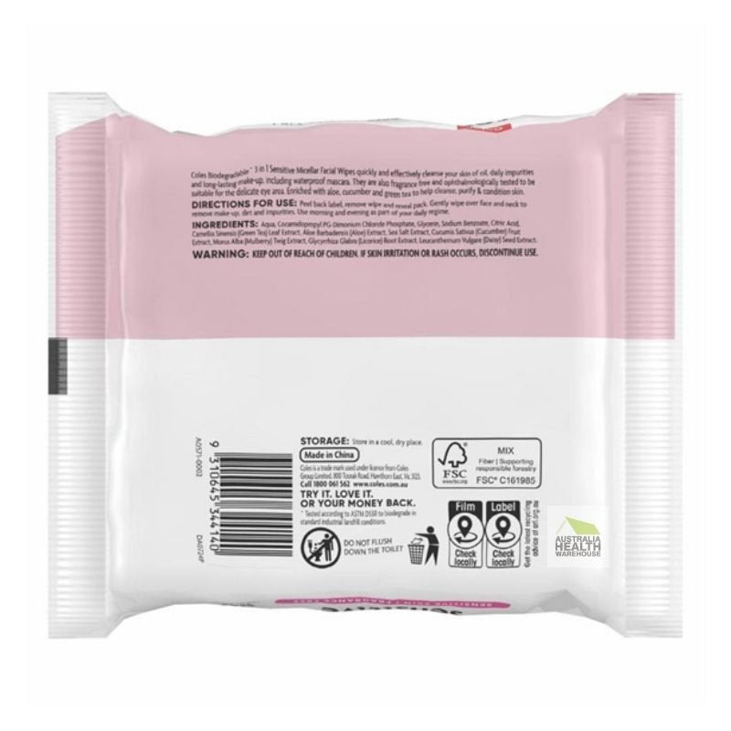 Coles Softly Biodegradable Sensitive 3-In-1 Facial Cleansing Wipes 30 Pack