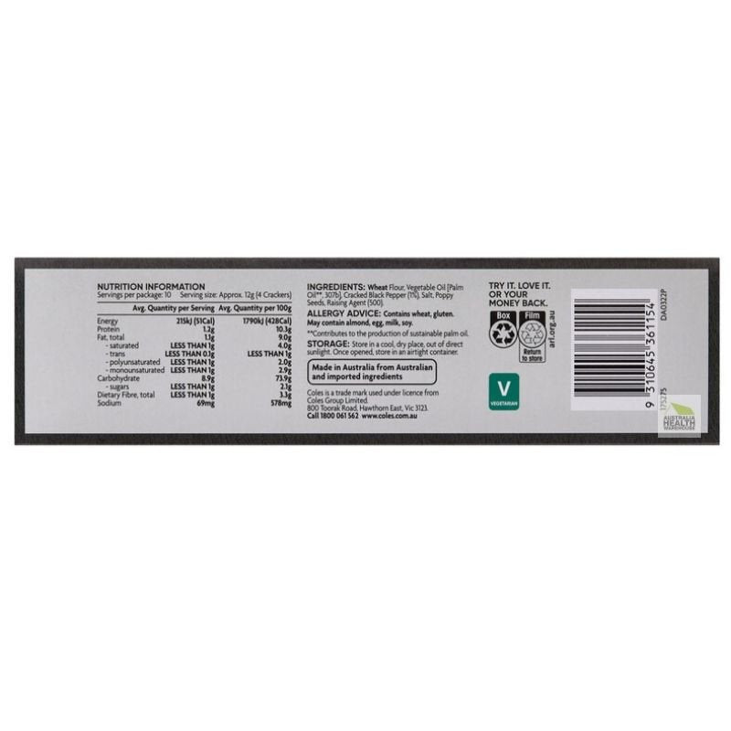 Coles Cracked Pepper Water Crackers 125g