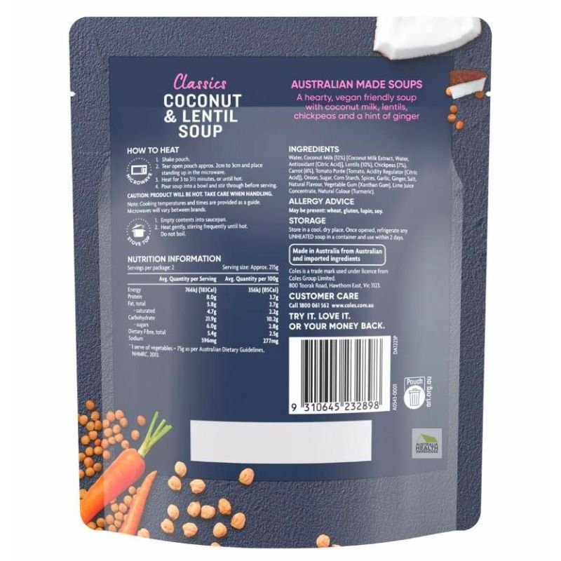 Coles Classics Coconut & Lentil Soup Pouch 430g
