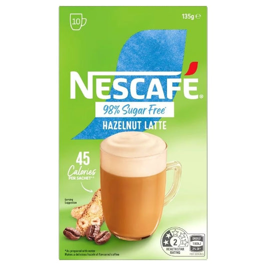 Nescafe 98% Sugar Free Hazelnut Latte Coffee Sachets 10 Pack