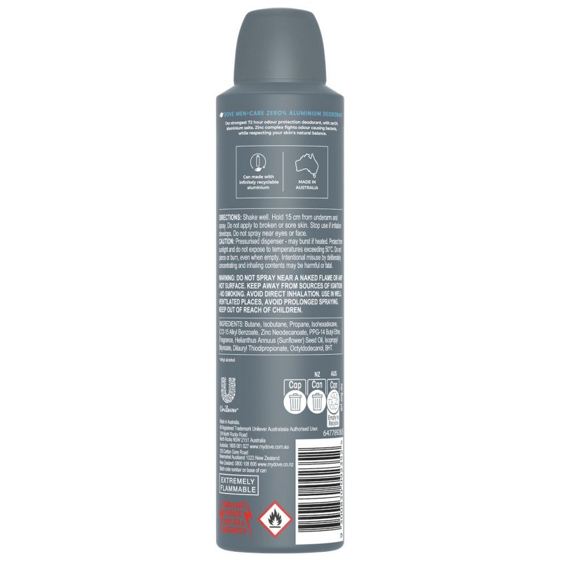 Dove Men+ Care Deodorant Aerosol Zero Aluminium Clean Comfort 250mL