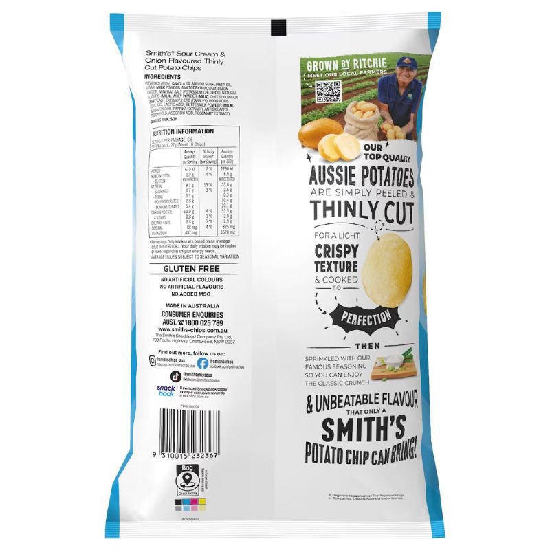 Smith's Thinly Cut Sour Cream & Onion Potato Chips 175g