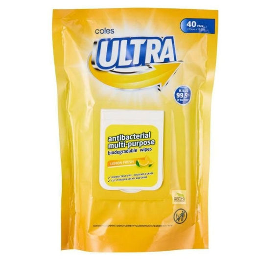 Coles Ultra Antibacterial Lemon Fresh Wipes Stand Up Pouch 40 Pack