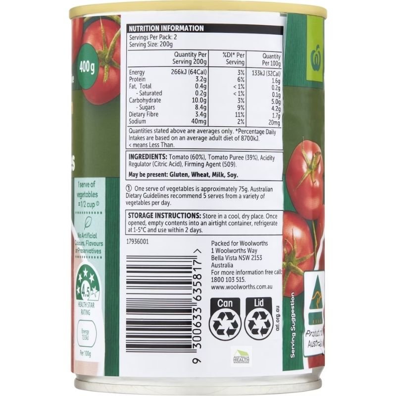 Woolworths Australian Diced Tomatoes 400g