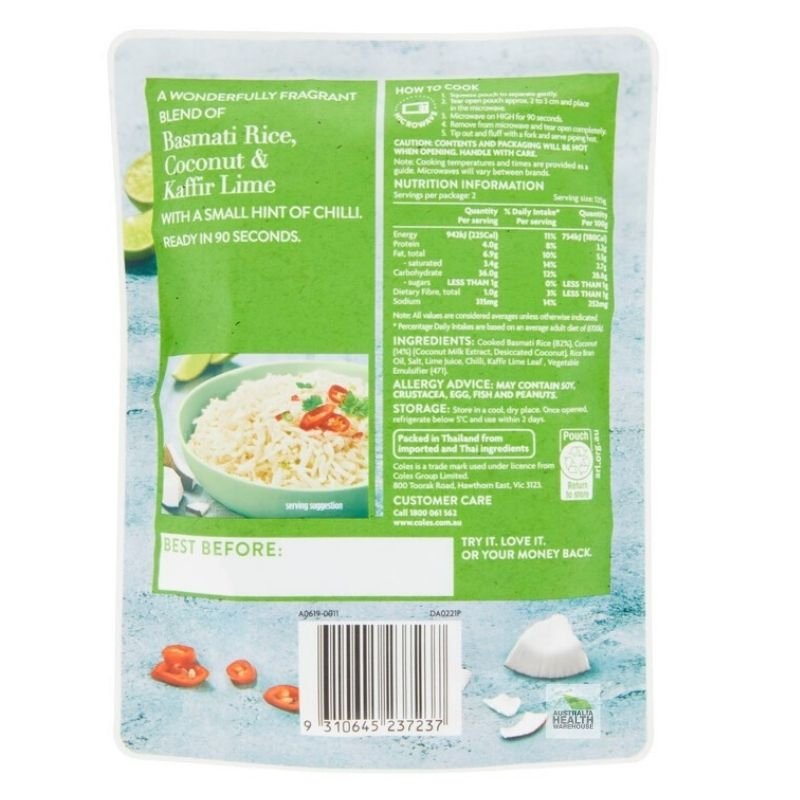 Coles Aromatic Coconut Chilli Lime Microwave Rice 250g