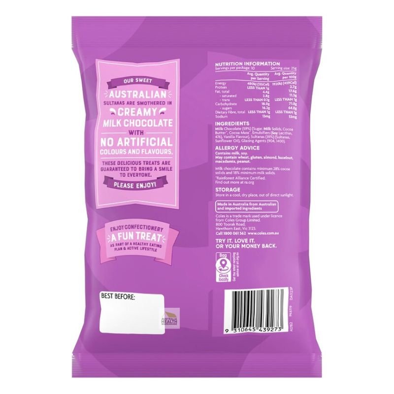 Coles Milk Chocolate Sultanas 250g