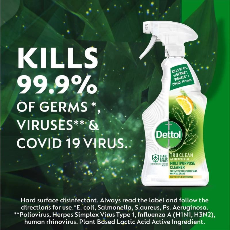 Dettol Tru Clean Antibacterial Multipurpose Cleaner Hospital Grade Disinfectant Trigger Spray Zesty Citrus & Lemongrass 500mL February 2025
