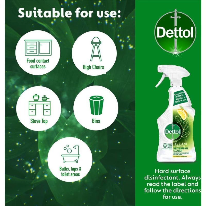 Dettol Tru Clean Antibacterial Multipurpose Cleaner Hospital Grade Disinfectant Trigger Spray Zesty Citrus & Lemongrass 500mL February 2025