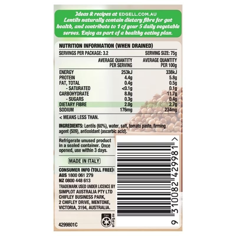 [Expiry Date: 30/07/2028] Edgell Brown Lentils Beans 400g