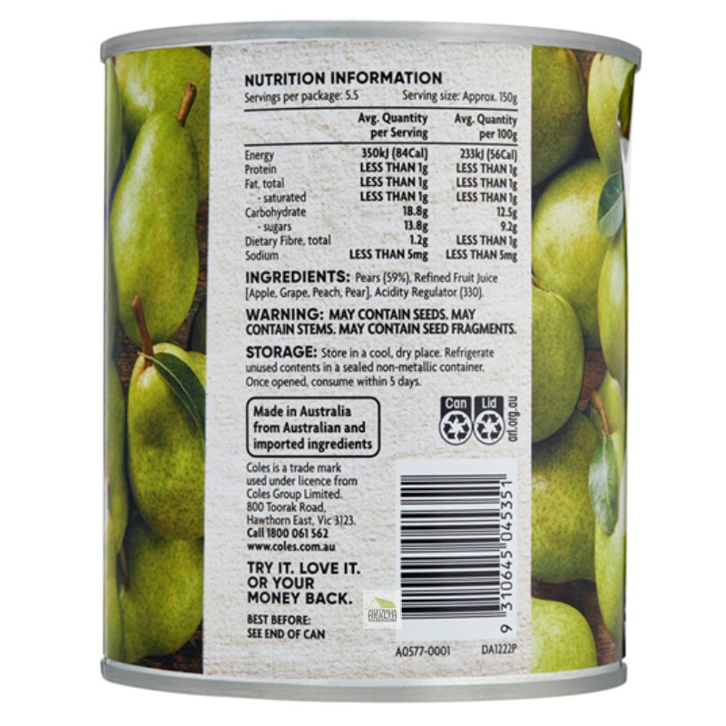 [CLEARANCE: 05/2026] Coles Australian Pear Slices in Juice 825g