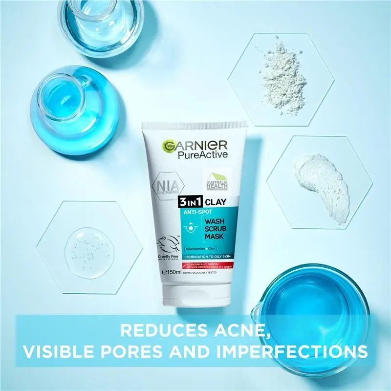 Garnier Pure Active 3 in 1 Wash, Scrub & Mask 150mL
