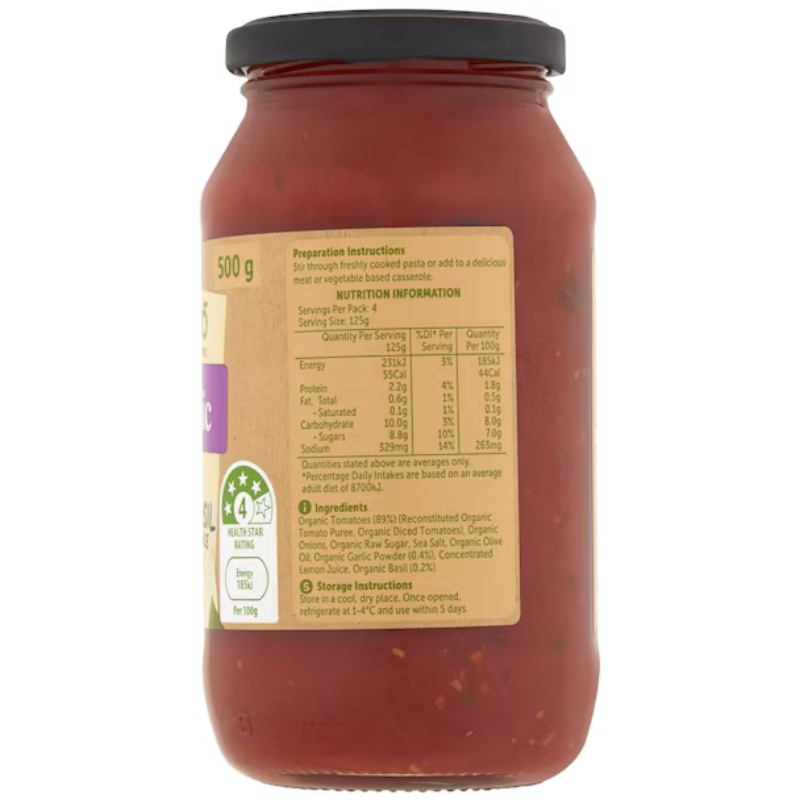 [Expiry Date: 23/01/2028] Woolworths Macro Organic Tomato, Garlic & Basil Chunky Pasta Sauce 500g