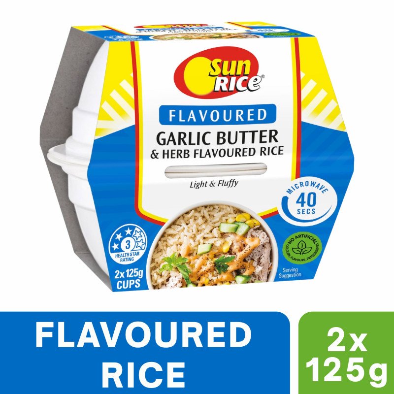 [Expiry Date: 24/01/2027] Sunrice Microwave Flavoured Garlic Butter & Herb Flavoured Rice Cups 2 x 125g