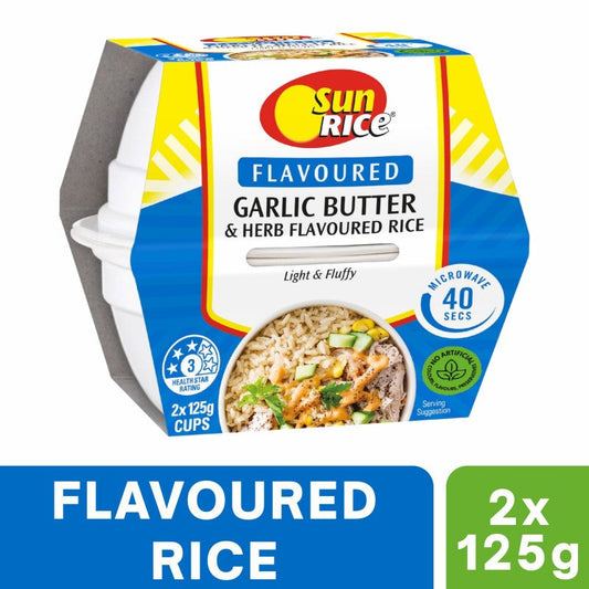[Expiry Date: 24/01/2027] Sunrice Microwave Flavoured Garlic Butter & Herb Flavoured Rice Cups 2 x 125g
