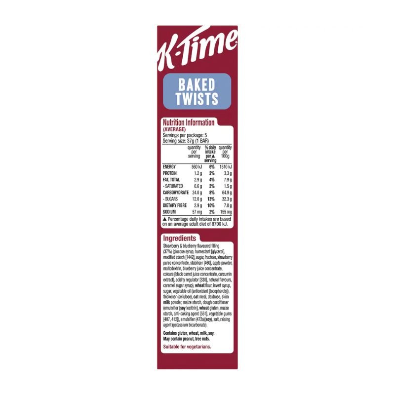 [CLEARANCE Expiry Date: 24/09/2026] Kellogg's K Time Baked Twists Strawberry & Blueberry Flavour Snack Bars 5 Pack