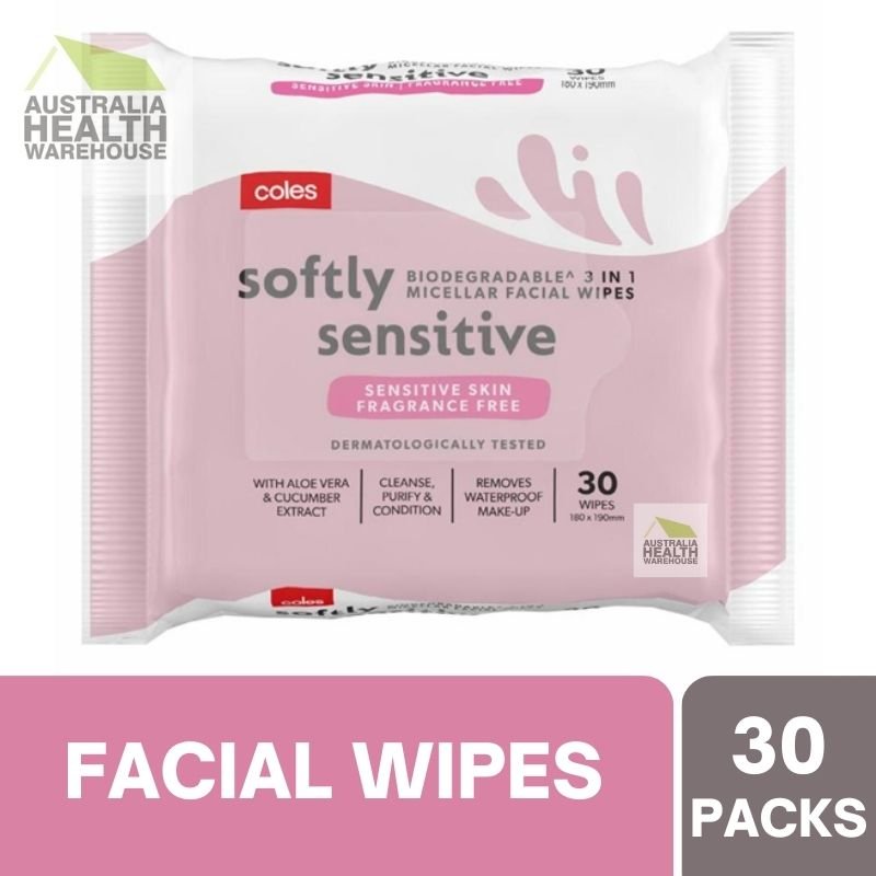 Coles Softly Biodegradable Sensitive 3-In-1 Facial Cleansing Wipes 30 Pack