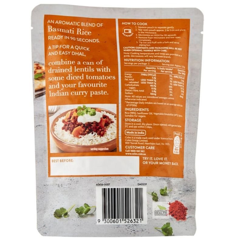 [CLEARANCE Expiry Date: 14/07/2026] Coles Aromatic Basmati Microwave Rice 250g