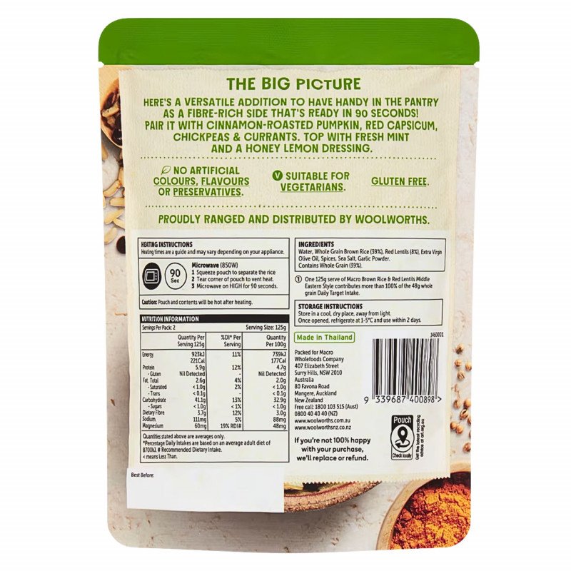 [Expiry Date: 30/11/2026] Woolworths Macro Brown Rice & Red Lentils Pouch Middle Eastern Style 250g