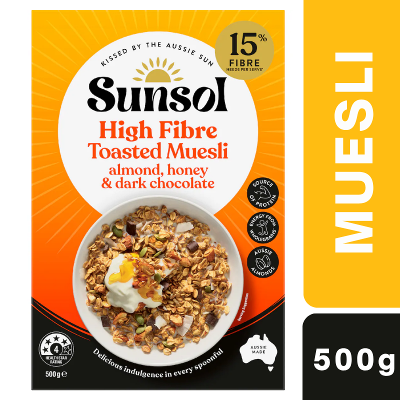 [Expiry Date: 13/05/2027] Sunsol High Fibre Toasted Muesli Almond, Honey & Dark Chocolate 500g