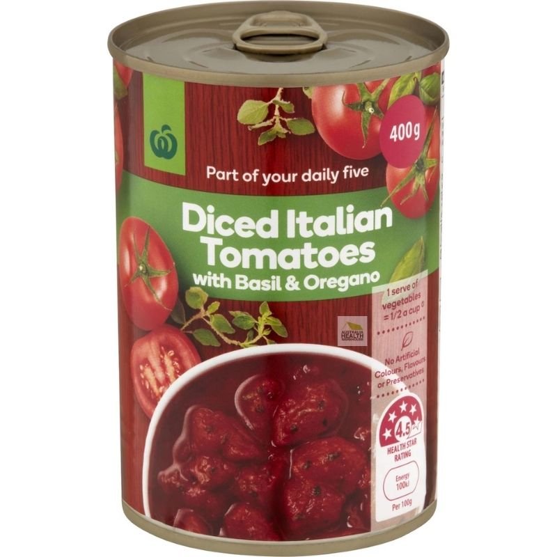 [Expiry: 31/08/2027] Woolworths Diced Italian Tomatoes Basil & Oregano 400g
