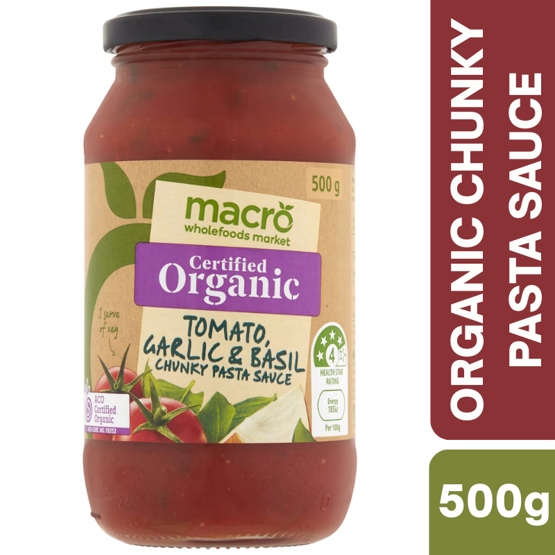 [Expiry Date: 23/01/2028] Woolworths Macro Organic Tomato, Garlic & Basil Chunky Pasta Sauce 500g
