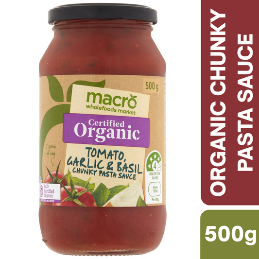 [Expiry Date: 23/01/2028] Woolworths Macro Organic Tomato, Garlic & Basil Chunky Pasta Sauce 500g