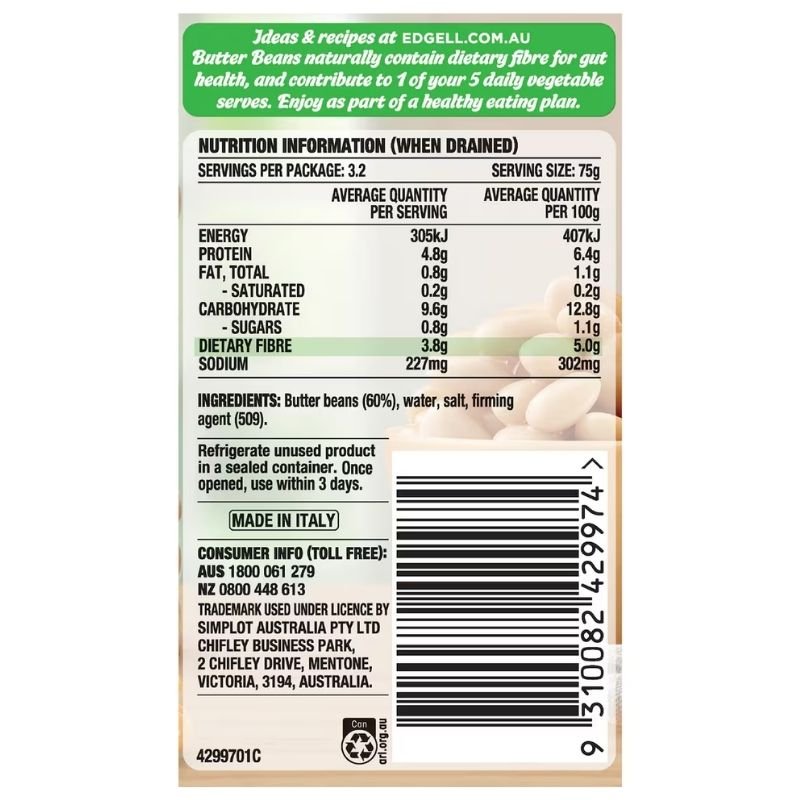 [Expiry Date: 30/07/2028] Edgell Butter Beans 400g