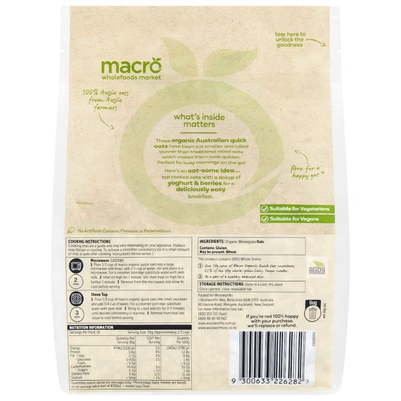 [Expiry: 02/10/2026] Woolworths Macro Organic Australian Quick Oats 500g
