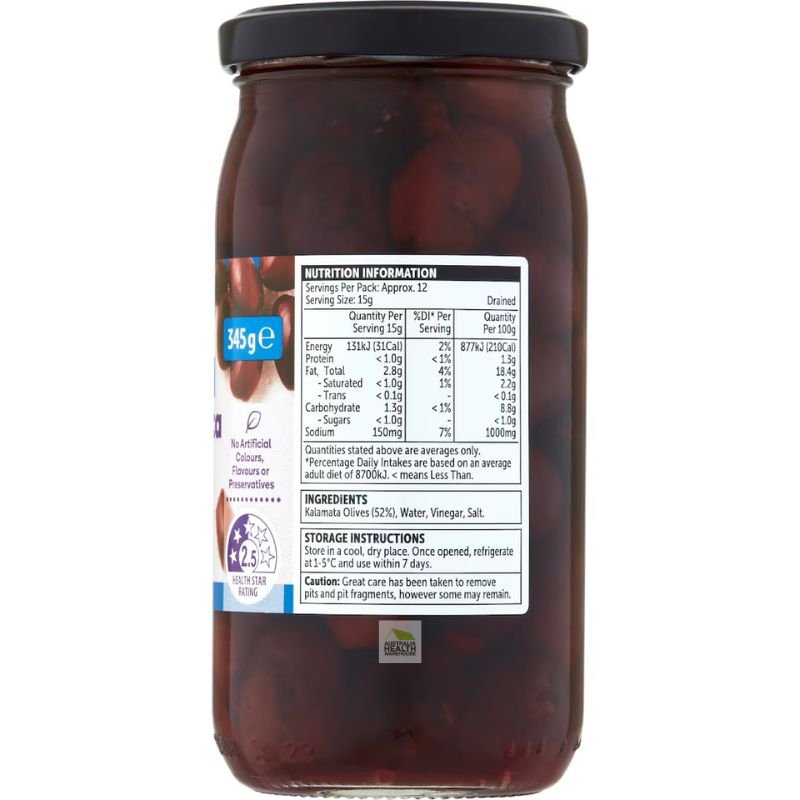 [Expiry Date: 16/10/2027]  Woolworths Pitted  Kalamata Olives 345g