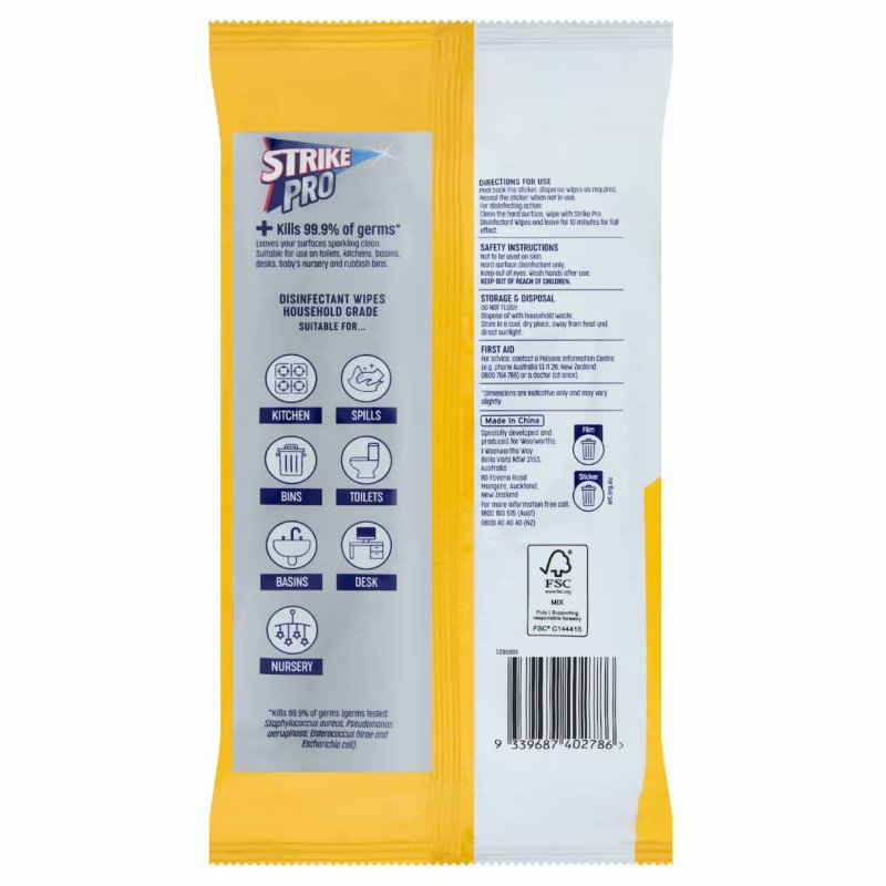 Expiry Date: 08/02/2028] Strike Pro Antibacterial Disinfectant Wipes Lemon 100 Wipes