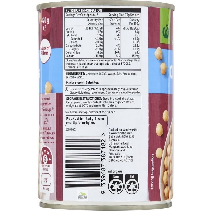 [Expiry Date: 31/01/2028] Woolworths Chickpeas 420g