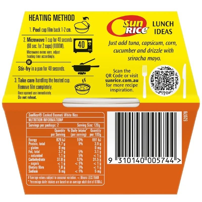 [Expiry Date: 20/03/2027] Sunrice Microwave Basmati Rice Cup 120g x 2 Pack
