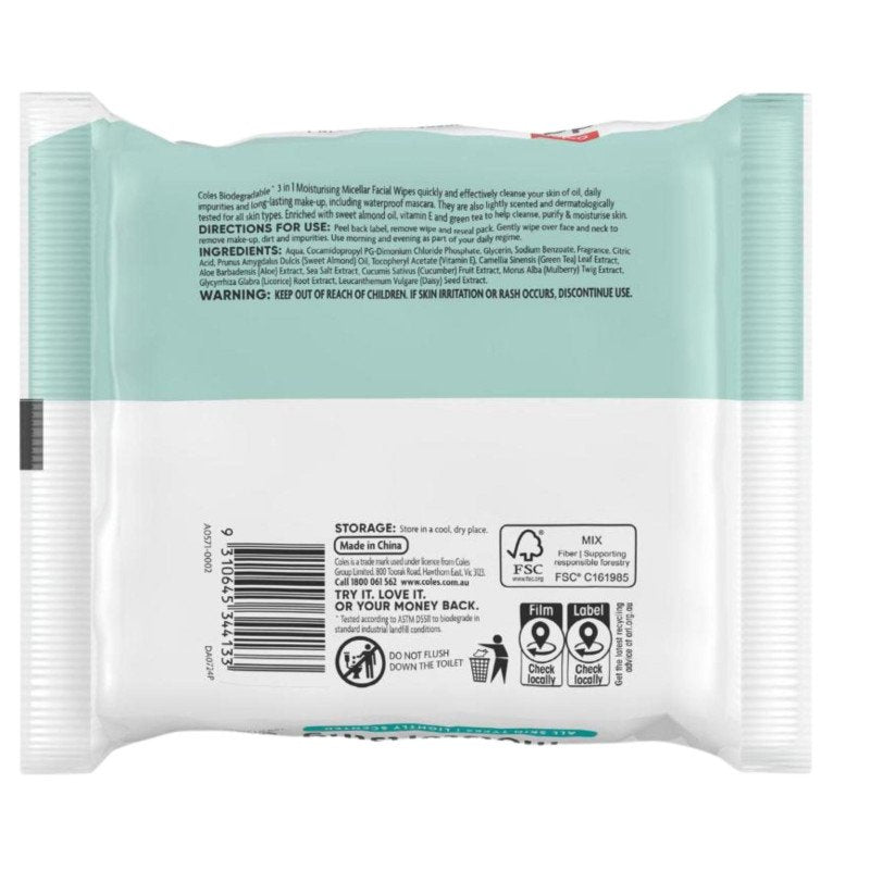 [Expiry Date: 08/06/2028] Coles Daily Biodegradable Moisturising 3-In-1 Facial Wipes 30 Pack