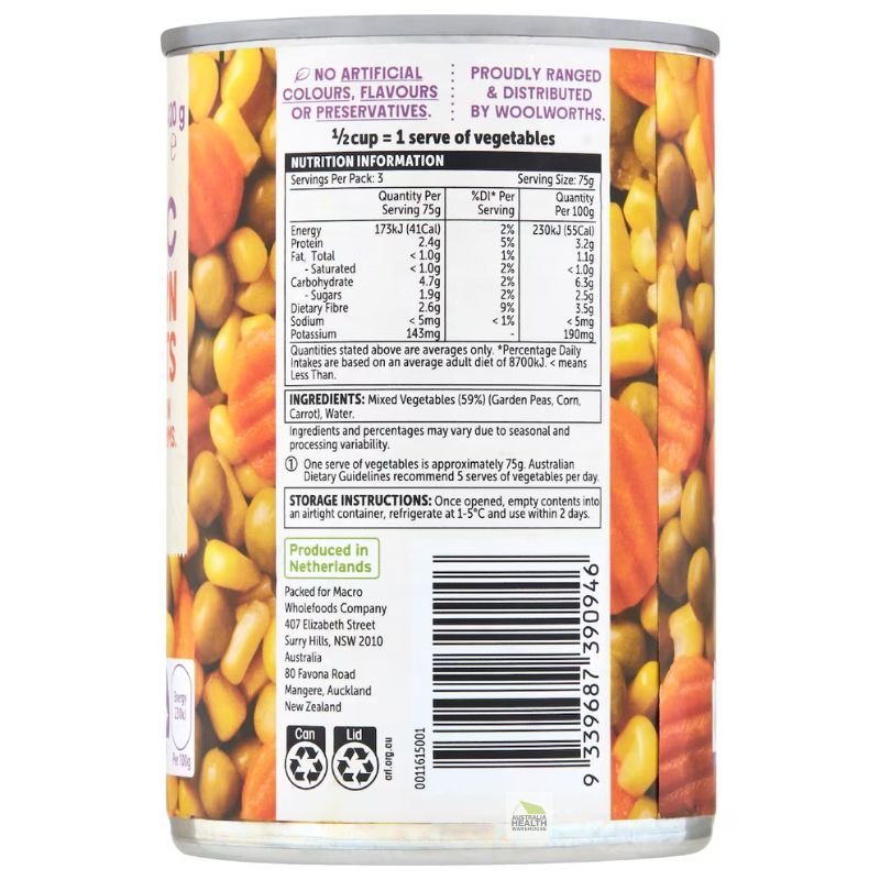 [Expiry Date: 09/2027] Woolworths Macro Organic Peas, Corn & Carrots 420g
