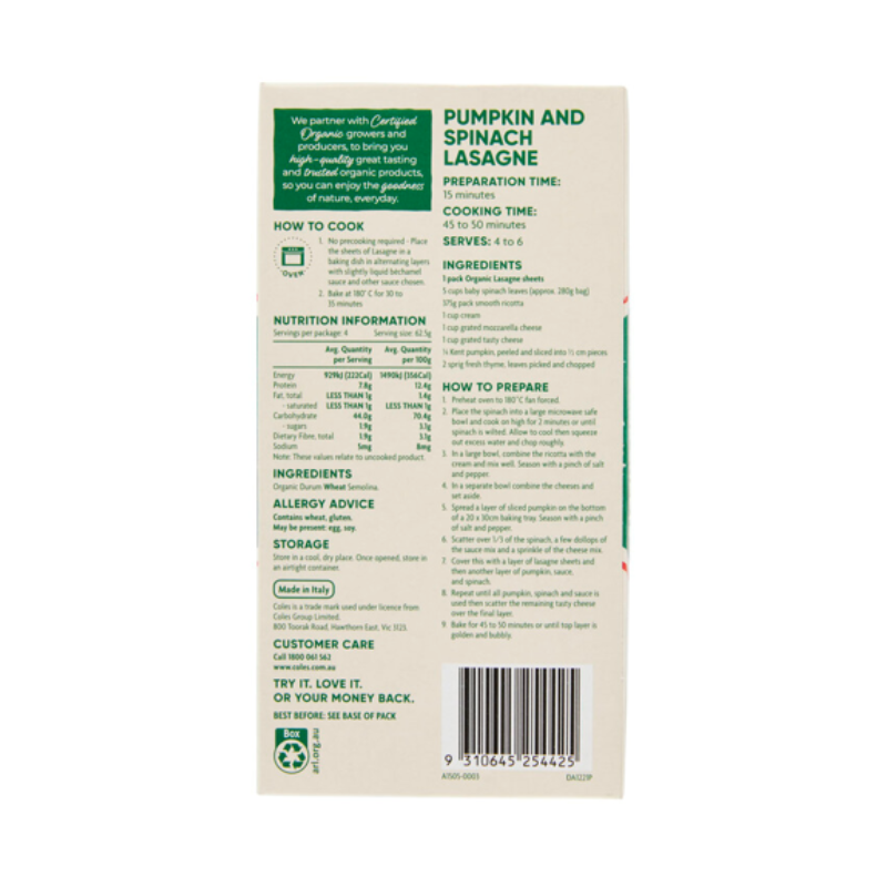 [Expiry: 28/10/2028] Coles Organic Lasagne Sheets 250g