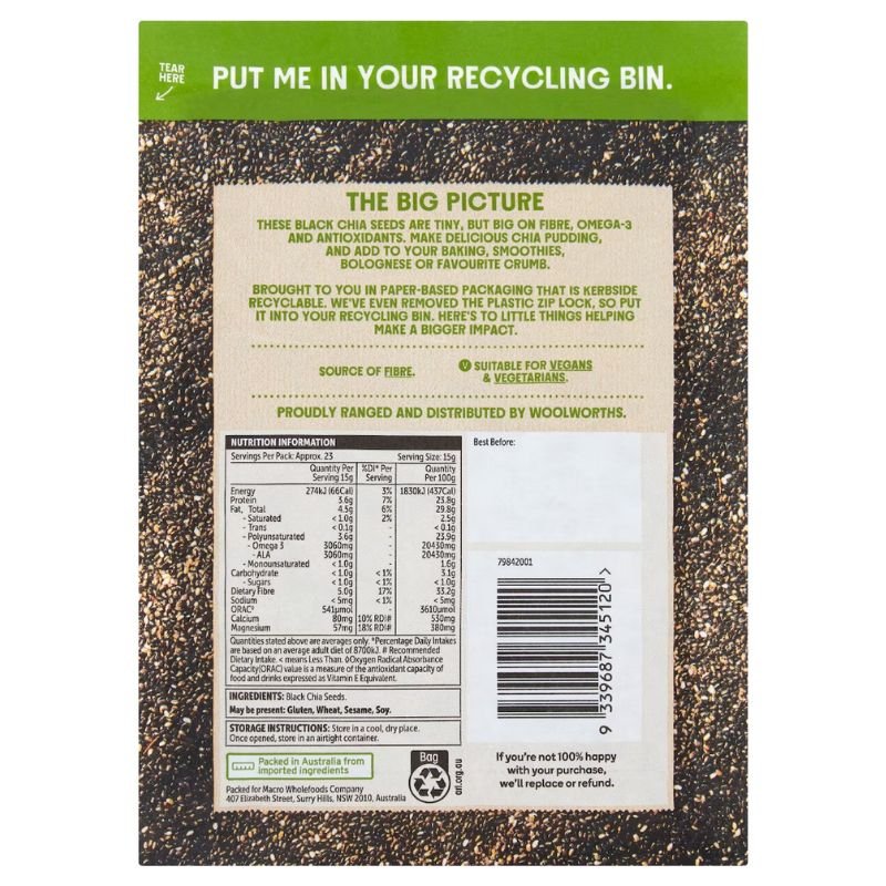 [Expiry: 17/03/2028] Woolworths Macro Black Chia Seeds 350g
