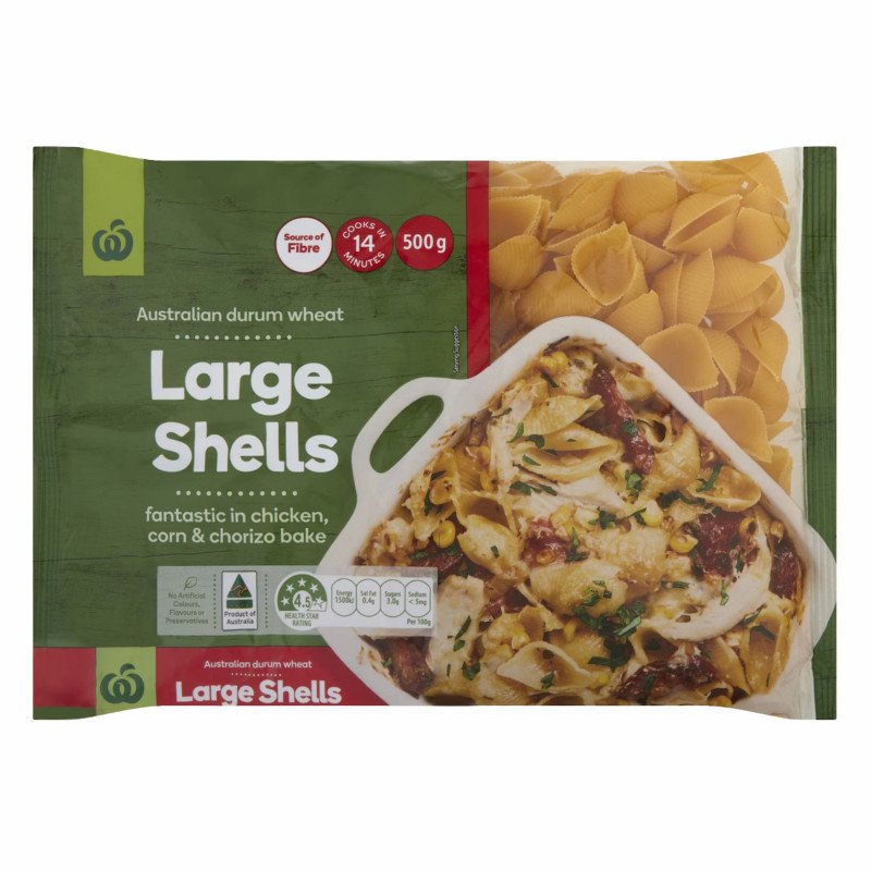 [Expiry Date: 16/04/2028] Woolworths Large Pasta Shells 500g