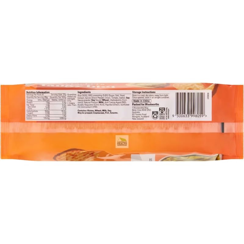 [CLEAREANCE Expiry: 25/07/2026] Woolworths Tangy BBQ Rice Crackers 100g