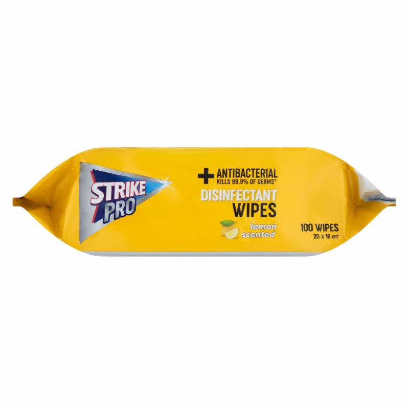 Expiry Date: 08/02/2028] Strike Pro Antibacterial Disinfectant Wipes Lemon 100 Wipes