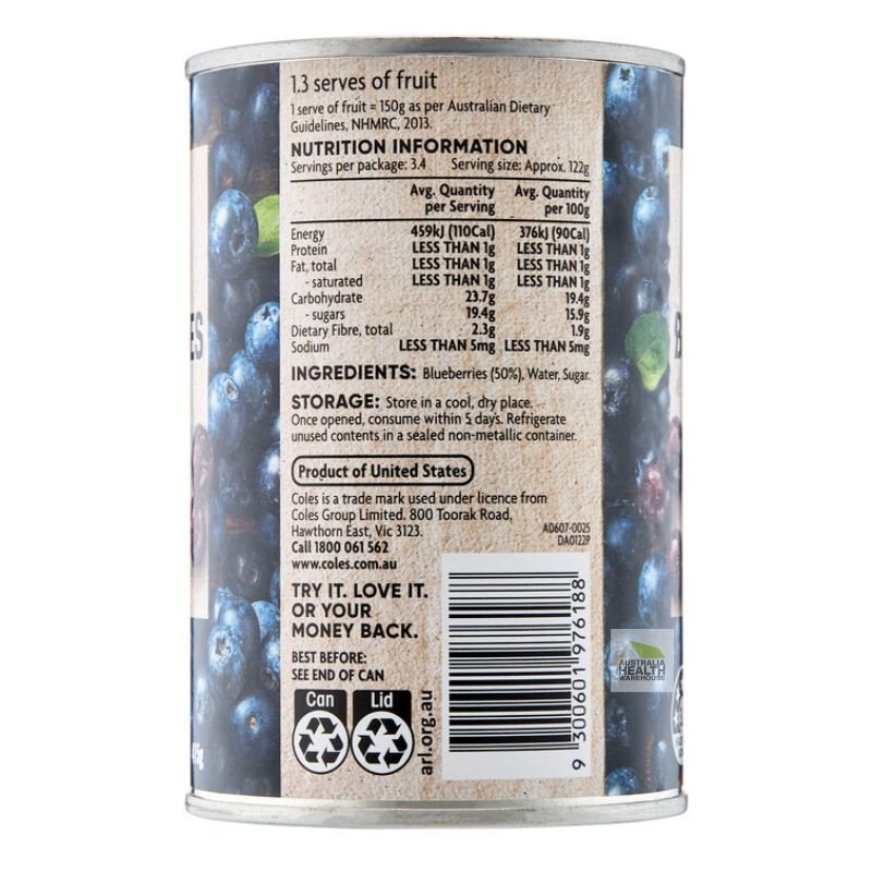[CLEARANCE Expiry: 10/2025] Coles Blueberries in Syrup 415g