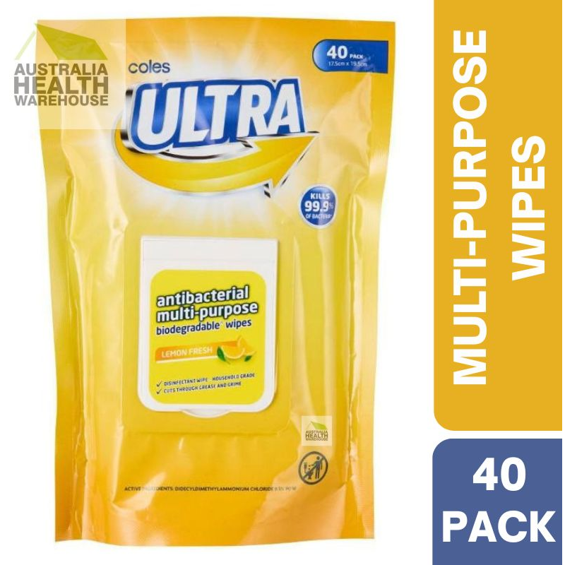 Coles Ultra Antibacterial Lemon Fresh Wipes Stand Up Pouch 40 Pack