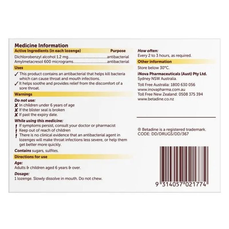 [Expiry Date: 09/2028] Betadine Sore Throat Lozenges Soothing Honey & Lemon Flavour 36 Pack