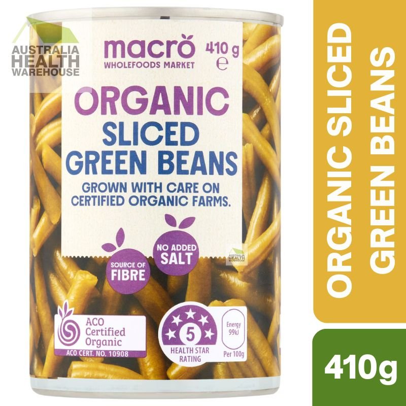 [Expiry: 01/08/2028] Woolworths Macro Organic Sliced Green Beans 410g