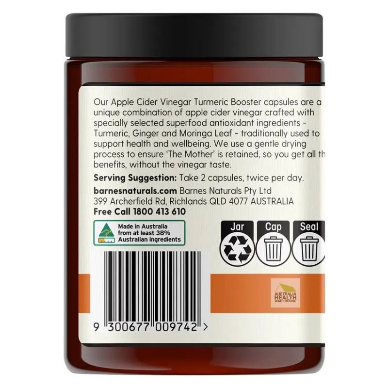 [Expiry: 11/2026] Barnes Naturals Apple Cider Vinegar with The Mother - Turmeric Boost 120 Capsules