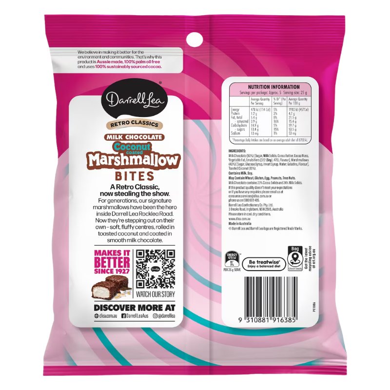 [CLEARANCE Expiry: 01/12/2026] Darrell Lea Coconut Marshmallow Bites Milk Chocolate 120g