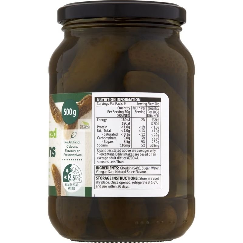 [Expiry: 21/09/2028] Woolworths Sweet Spiced Gherkins 500g