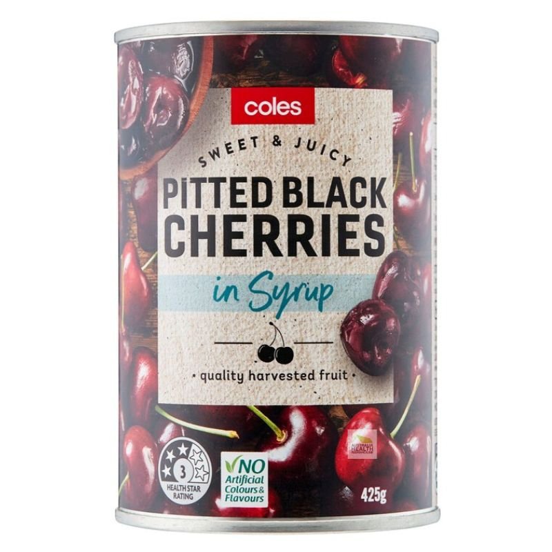 [Expiry: 07/2028] Coles Pitted Black Cherries In Syrup 425g